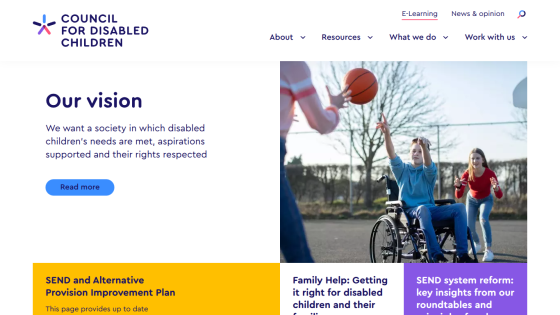 Council for Disabled Children homepage with vision statement and image of children playing basketball, one in a wheelchair