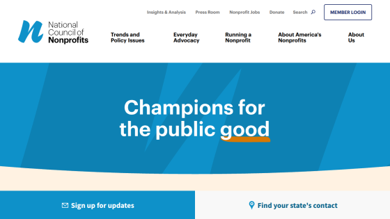 Homepage of National Council of Nonprofits featuring 'Champions for the public good' tagline.