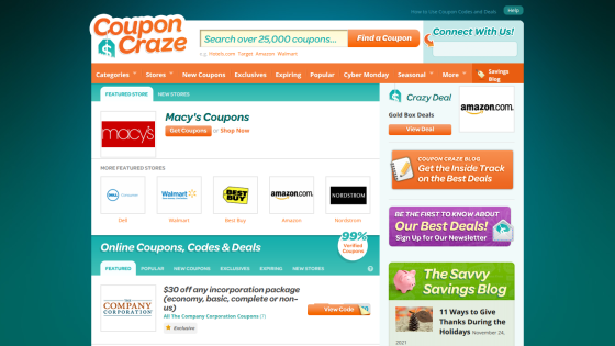 Coupon Craze homepage featuring various store coupons and deals.