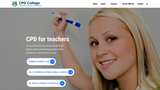 Homepage of CPD College promoting courses for teachers with a smiling instructor.