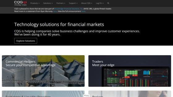 Homepage showcasing technology solutions for financial markets with navigation and key messaging.