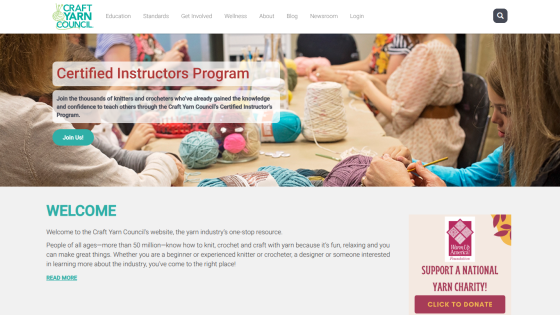 Craft Yarn Council website promoting Certified Instructors Program with knitting group image and welcome message