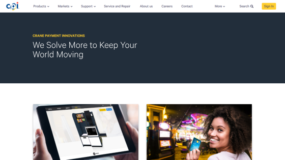 Crane Payment Innovations homepage with navigation menu and headline 'We Solve More to Keep Your World Moving' above images of a tablet and a smiling woman in a casino.
