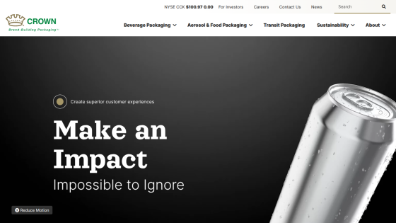 Homepage hero section with headline 'Make an Impact Impossible to Ignore' and navigation menu for beverage packaging and sustainability.