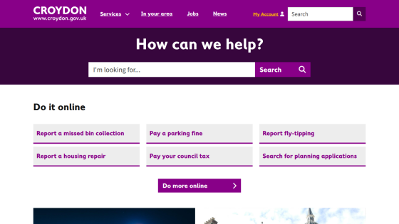 Homepage of Croydon website featuring a search bar and online services options.