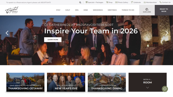Corporate event website homepage featuring team gathering and navigation menu with options like Home, Our Story, Venues, Weddings, Meetings, Things To Do, and Contact.