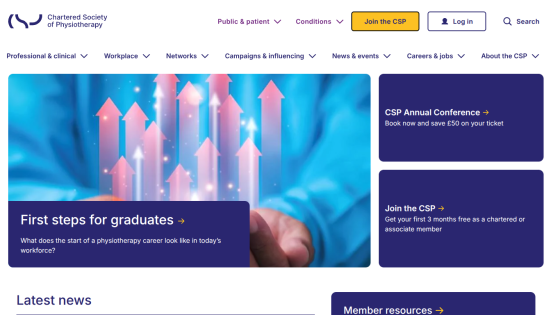 Homepage of the Chartered Society of Physiotherapy featuring resources for graduates and latest news.