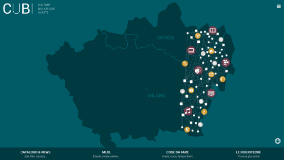 CUBI Culture Biblioteche In Rete website with a map highlighting library network near Milano and Monza and navigation links for catalog, ebooks, events, and libraries