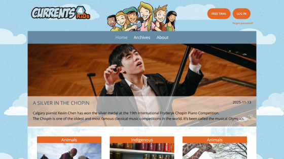 Currents 4 Kids homepage featuring news about pianist Kevin Chen winning silver at Chopin competition, with navigation and sign-in options