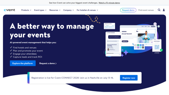 Event management platform homepage with headline, benefits list, and registration button for CONNECT 2020 event