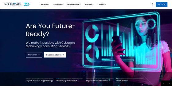 Cybage technology consulting homepage with headline 'Are You Future-Ready?' and call-to-action buttons