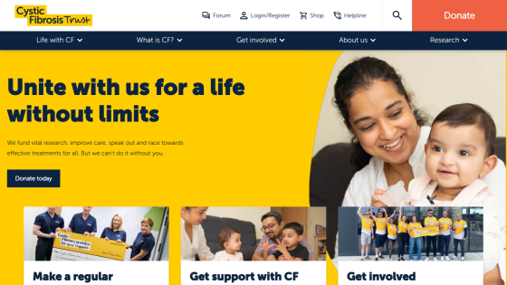 Cystic Fibrosis Trust homepage with call to unite for a life without limits and options to donate, get support, and get involved