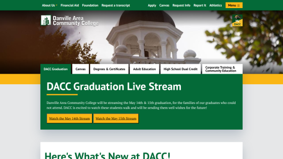 DACC Graduation Live Stream announcement with navigation and college branding.