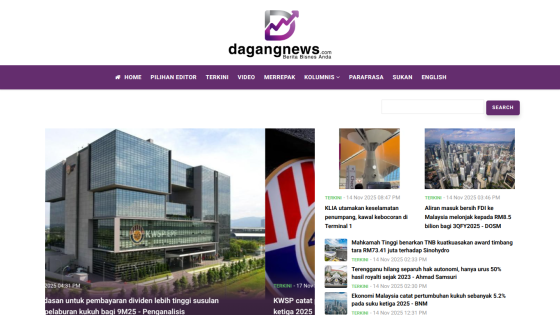 Business news site dagangnews with economic momentum headline and multiple news articles dated November 2025