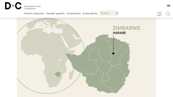 Map of Zimbabwe highlighting Harare with navigation options above.