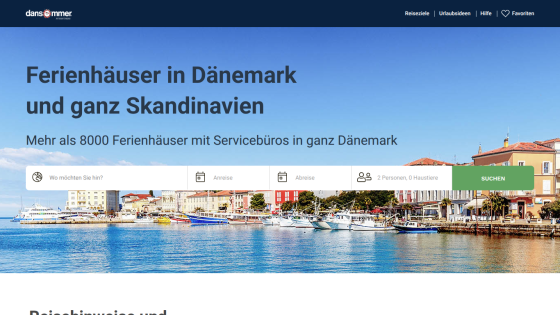 Website for holiday homes in Denmark and Scandinavia with a scenic waterfront view.