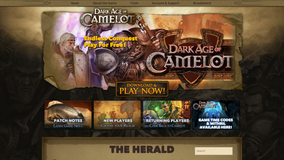 Dark Age of Camelot game homepage with download button, navigation links, and sections for patch notes, new and returning players, and game codes.