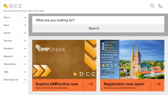 DCC website homepage with navigation menu, search bar, and promotions for DMPonline and IDCC26 conference registration