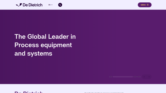 De Dietrich homepage with headline 'The Global Leader in Process equipment and systems' on purple background.