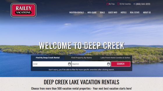 Vacation rental website for Deep Creek Lake with search form and navigation menu for rentals, deals, and guest info.