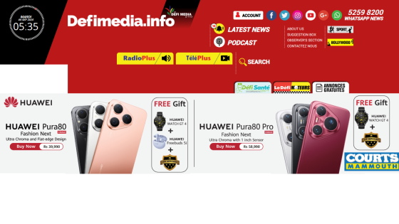 Homepage of Defimedia.info featuring Huawei phone promotions and navigation links.