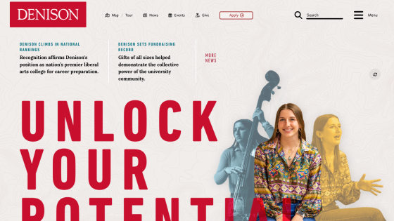 Denison University homepage featuring 'Unlock Your Potential' with images of students and a call to action.