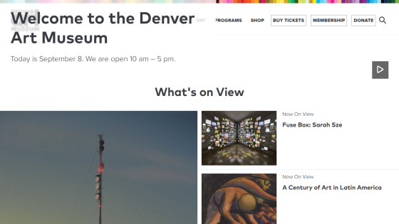 Homepage of the Denver Art Museum with opening hours and featured exhibits.