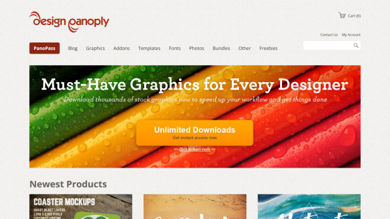 Homepage featuring a call to action for unlimited downloads and newest products.