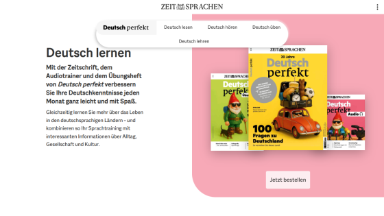 ZEIT SPRACHEN Deutsch lernen section promoting Deutsch perfekt magazine with audio trainer and exercise booklet, featuring magazine covers and order button.