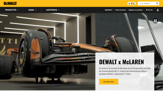 DEWALT x McLAREN limited edition tools celebrating McLaren's F1 Constructors Championship victory with a discover button