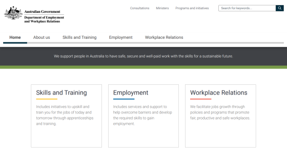 Australian Government Department of Employment, Skills, Small and Family Business homepage with sections on Skills and Training, Employment, and Workplace Relations