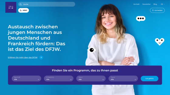 Website promoting exchange between young people from Germany and France with a smiling woman and search filters for programs