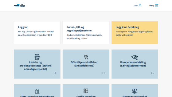 DFØ login and service portal with sections for payroll, HR, public procurement, competence development, and employer support