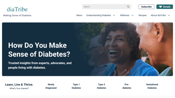 Homepage of diaTribe featuring a headline about understanding diabetes and a smiling woman.
