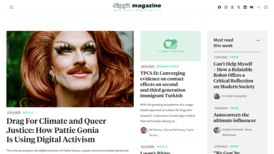 Diggit magazine homepage featuring an article on digital activism by Pattie Gonia and other highlighted papers and articles