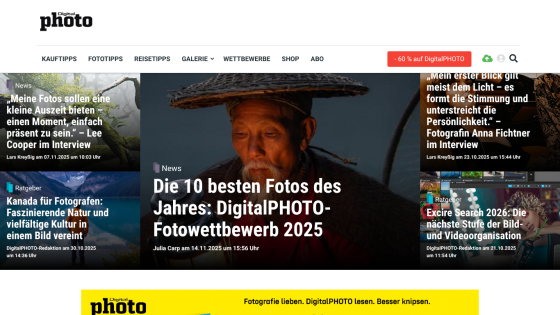 DigitalPHOTO homepage featuring top photography news and tips with a main story on the 10 best photos of 2025 photo contest