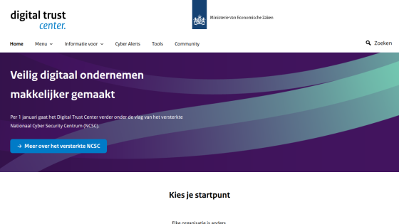 Digital Trust Center homepage with navigation and hero text about safer digital entrepreneurship under the National Cyber Security Centre.