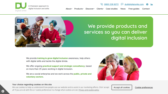 Digital Unite website offering products and services for digital inclusion with contact info and navigation menu