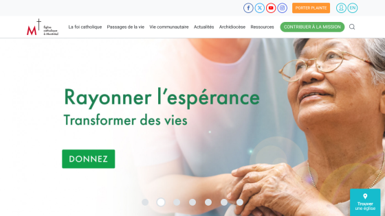 Catholic Church of Montreal website with message 'Rayonner l'espérance, Transformer des vies' and a donate button