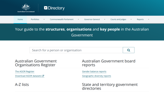 Australian Government Directory homepage with search bar and links to government organisations register, board reports, and directories.