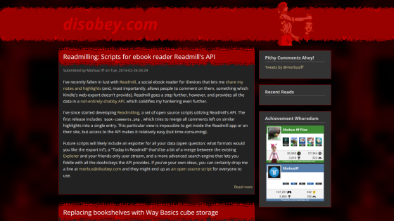 Blog page about Readmilling scripts for ebook reader Readmill's API with sidebar showing tweets and recent reads