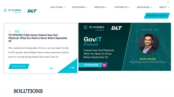 TD SYNNEX Public Sector website featuring a GovIT podcast on Federal Year-End Playbook with Kevin Shaker