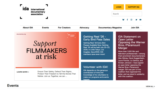 Homepage of IDA featuring support for filmmakers and upcoming events.