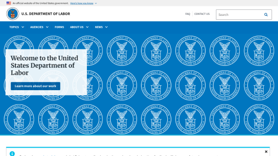 Homepage of the U.S. Department of Labor with welcome message and navigation options.