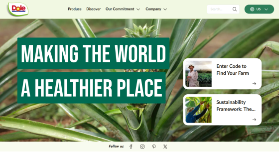 Homepage featuring a green slogan about health and links to sustainability resources.