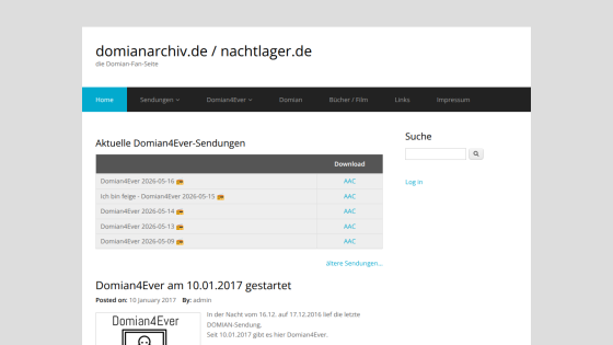Current domain archive broadcasts with download links and search bar.