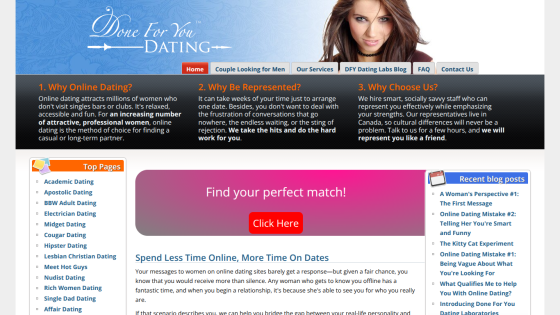 Done For You Dating homepage with reasons to choose service, dating categories, blog posts, and call to action to find your perfect match