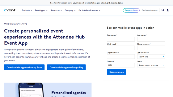 Cvent Attendee Hub Event App page with personalized event experience text, app download buttons, and demo request form