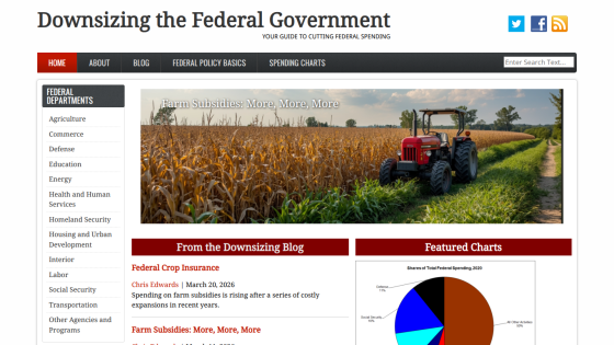 Homepage of 'Downsizing the Federal Government' featuring a tractor in a field and blog highlights.