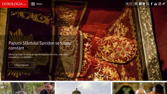 Main section featuring ornate red and gold artifacts with a description about Saint Spiridon's shoes.